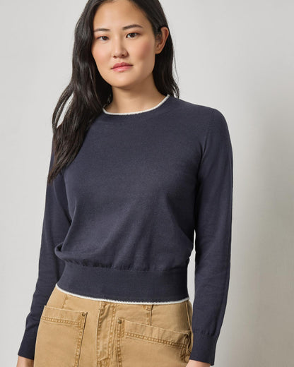 Picot Edge Crewneck Sweater in Navy