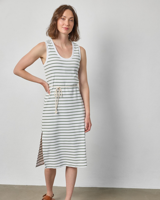 Rib Stripe Side Slit Tank Dress in Sage