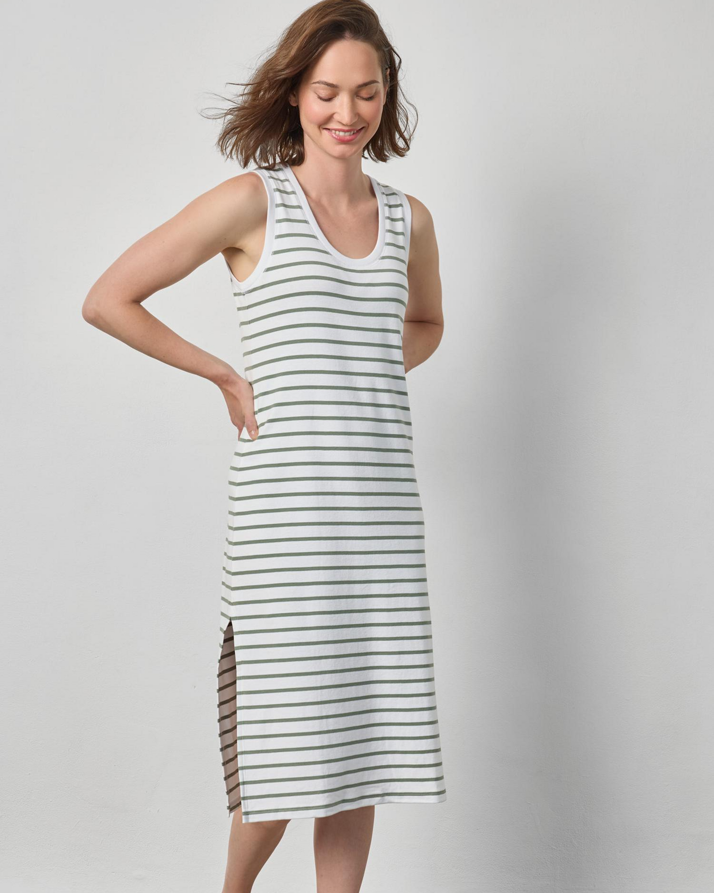 Rib Stripe Side Slit Tank Dress in Sage
