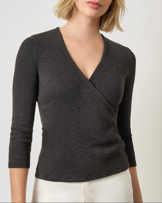 Ribbed Slub 3/4 Sleeve Surplice in Black