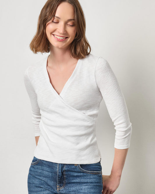 Ribbed Slub 3/4 Sleeve Surplice in White