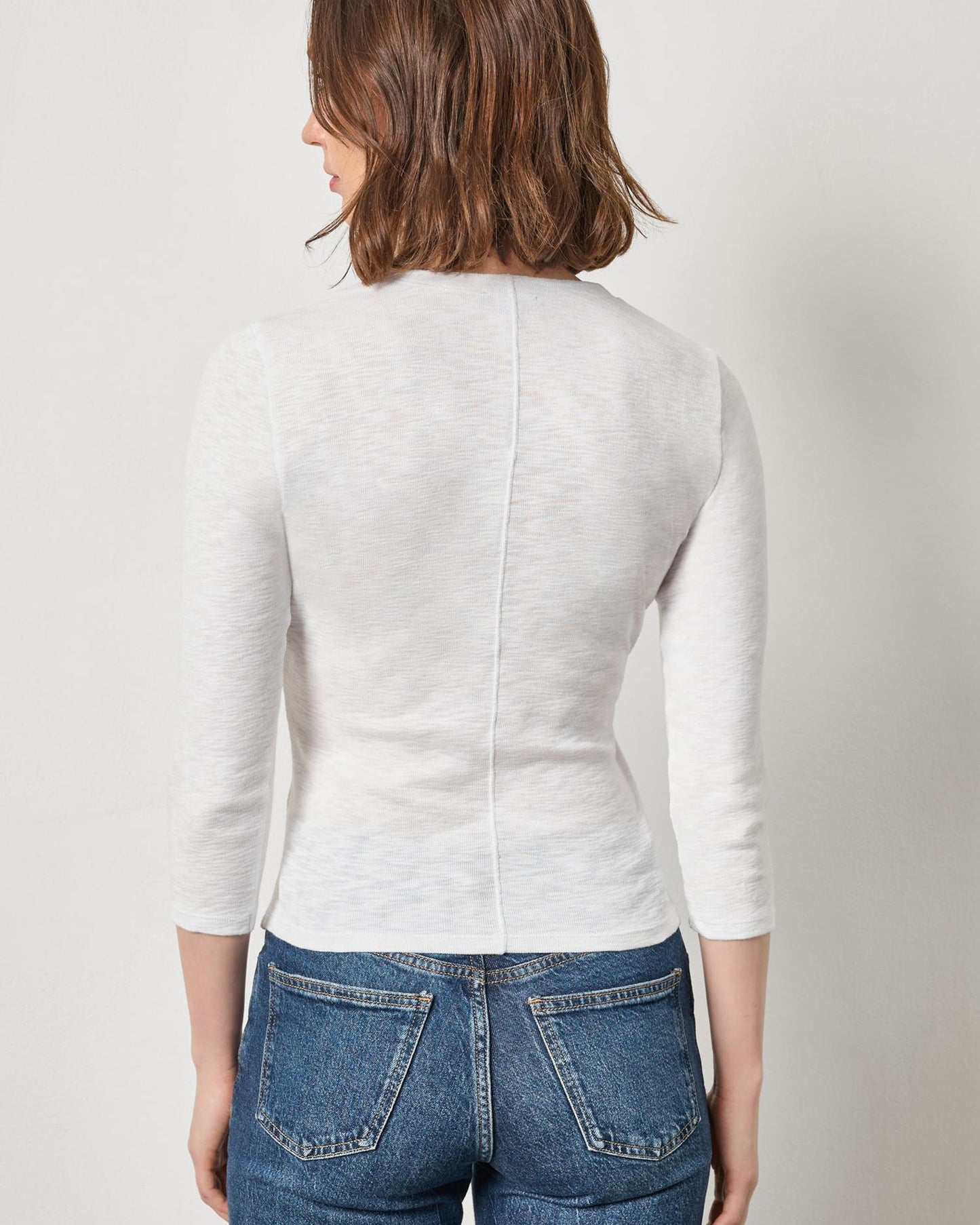 Ribbed Slub 3/4 Sleeve Surplice in White