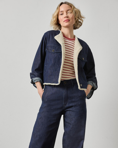 Lilla P dark wash blue denim sherpa lined cropped jean jacket with snap buttons