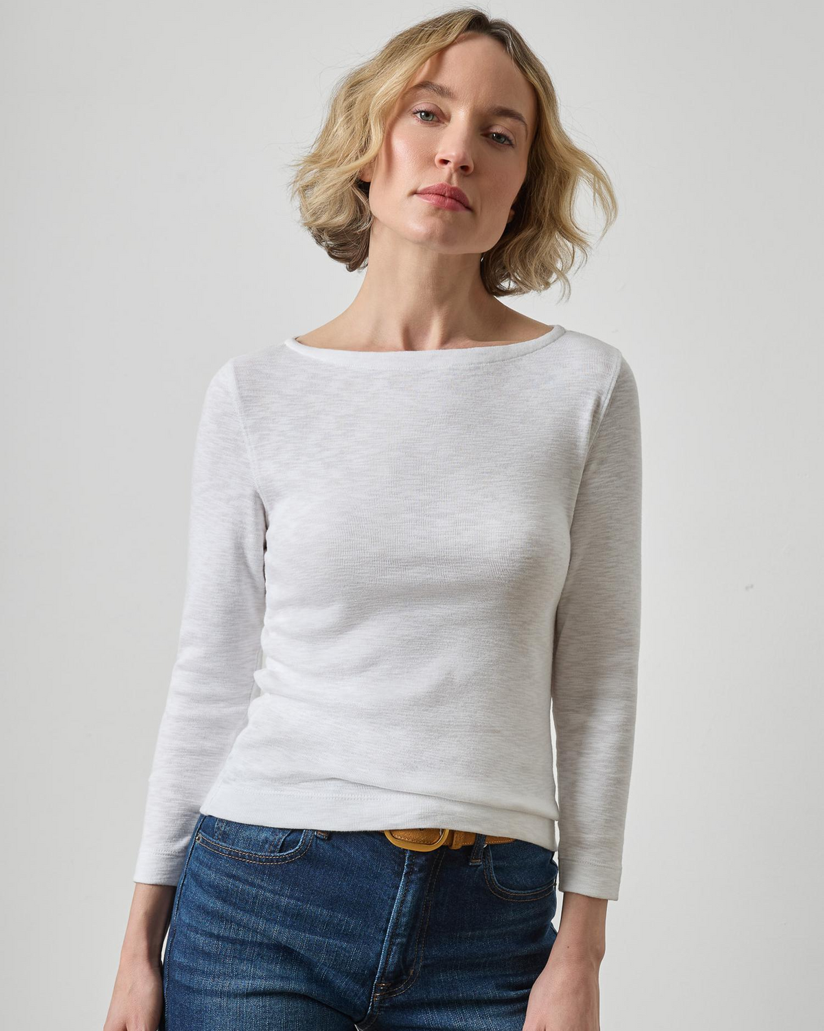 Women's light gray 3/4 sleeve boat neck fitted French tee shirt