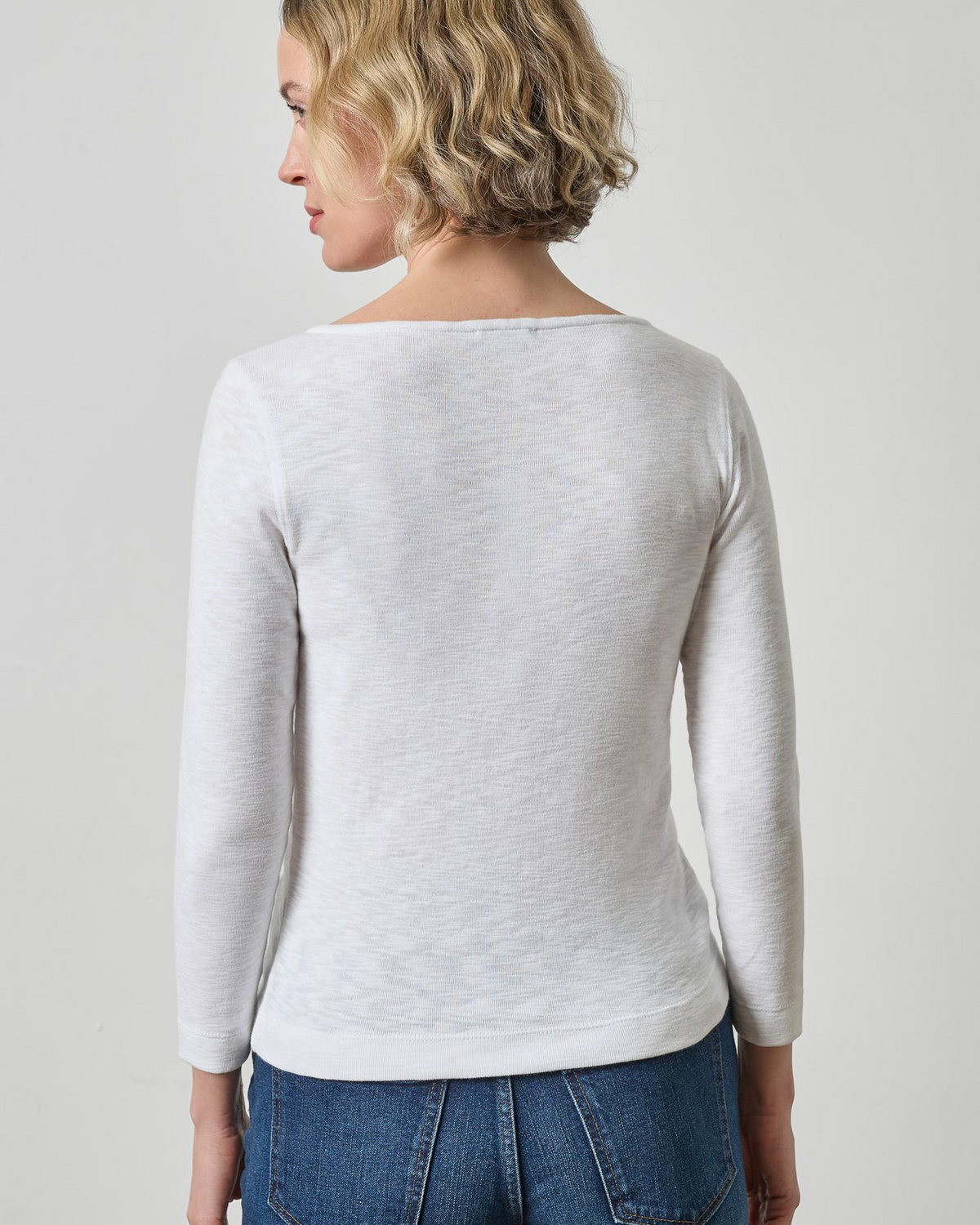 Lilla P white 3/4 sleeve French tee with boat neckline, back view