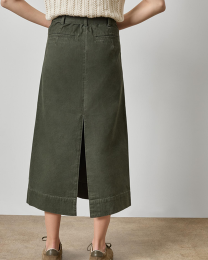 Olive green midi utility skirt with back vent and belt loops, rear view