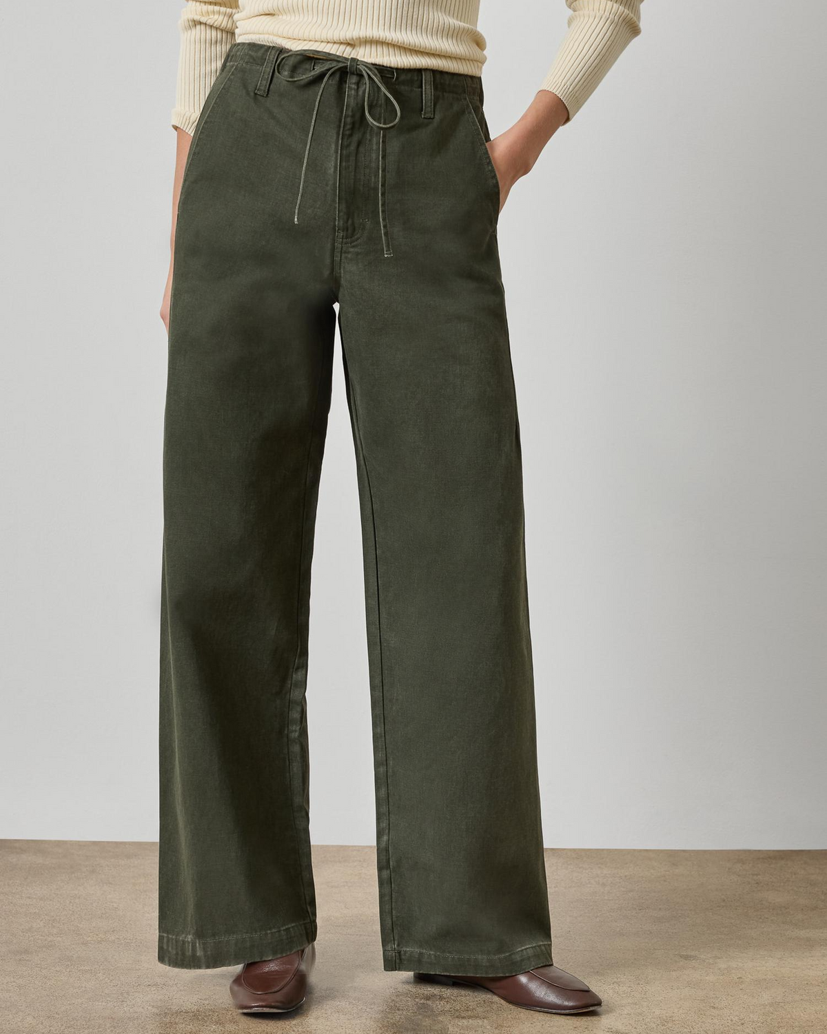 Women's olive green wide-leg high-rise twill pants with drawstring waist
