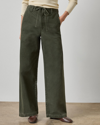 Women's olive green wide-leg high-rise twill pants with drawstring waist