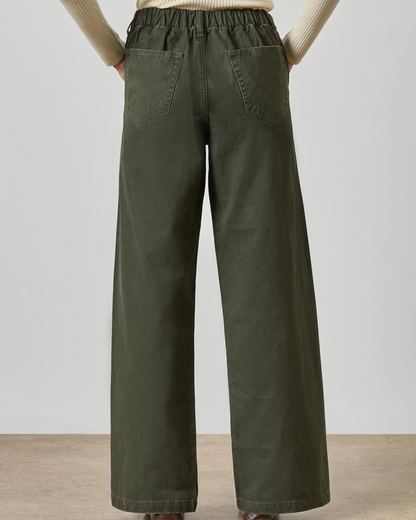 Wide-leg olive green twill pants with elastic waistband and back patch pockets