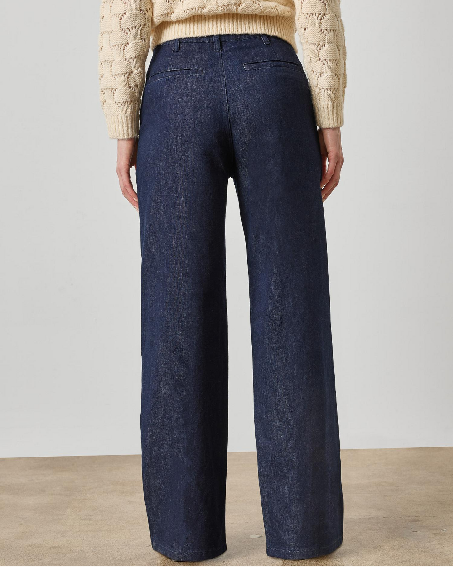 Lilla P wide-leg dark wash blue denim trouser, back view, high waist