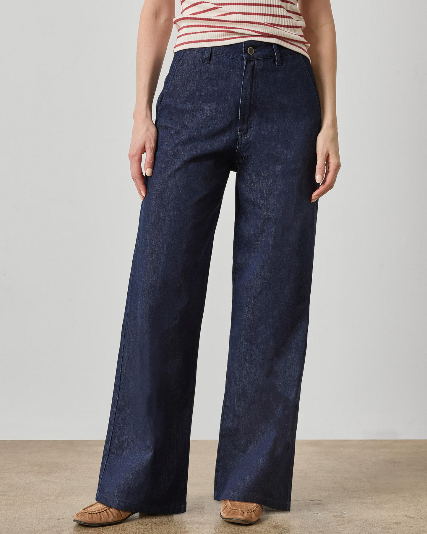 Lilla P wide-leg dark wash blue denim trousers with high waist and flat front