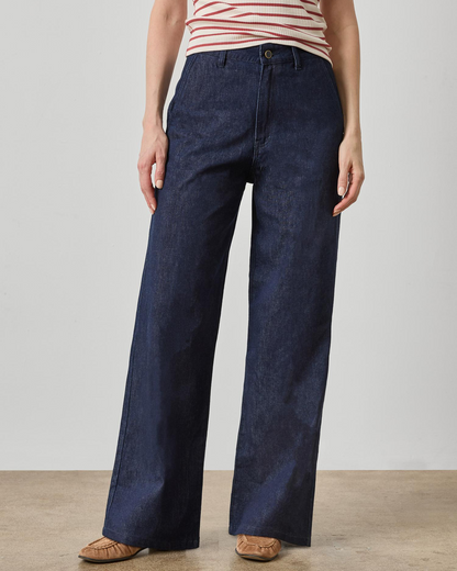 Lilla P wide-leg dark wash blue denim trousers with high waist and flat front