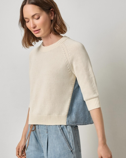 Denim Elbow Sleeve Sweater in Off-White