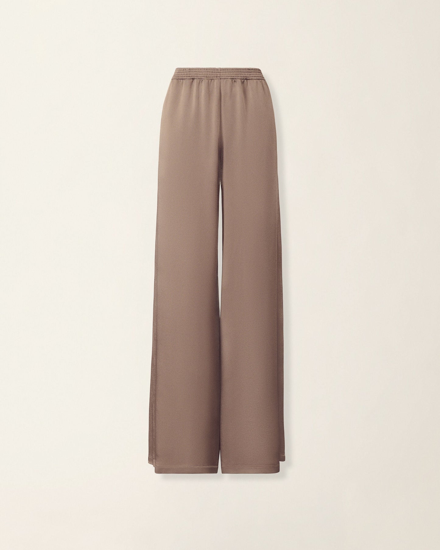 Wide-leg satin trousers in taupe clay with elasticated smocked waistband