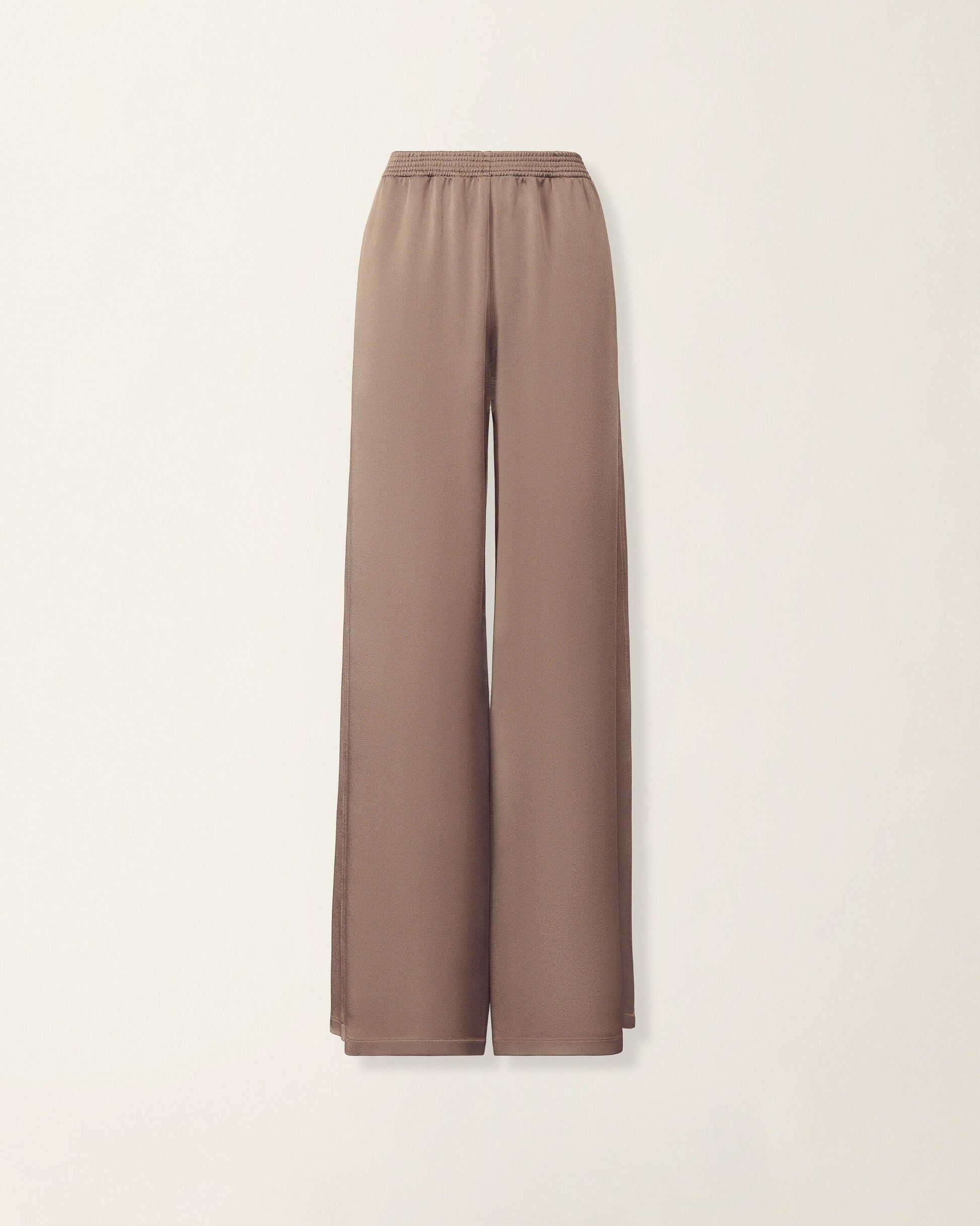 Wide-leg satin trousers in taupe clay with elasticated smocked waistband