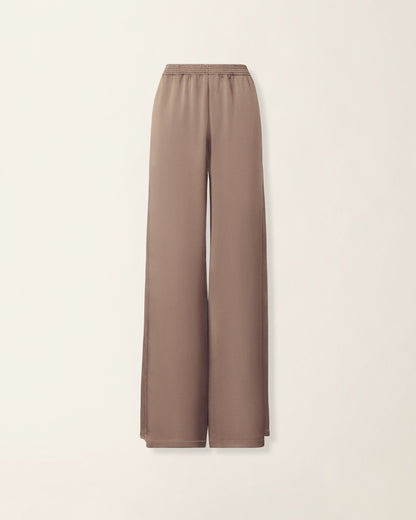 Wide-leg satin trousers in taupe clay with elasticated smocked waistband