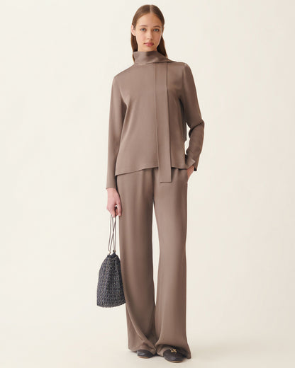 Wide-leg falcon taupe satin trousers with fluid drape and full-length cut