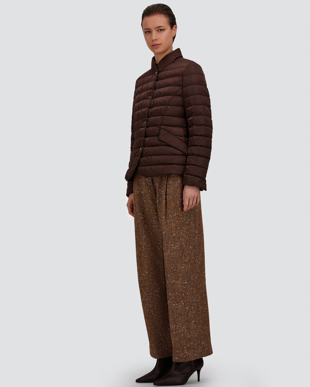Herno chocolate brown quilted blazer with horizontal stitching and snap buttons