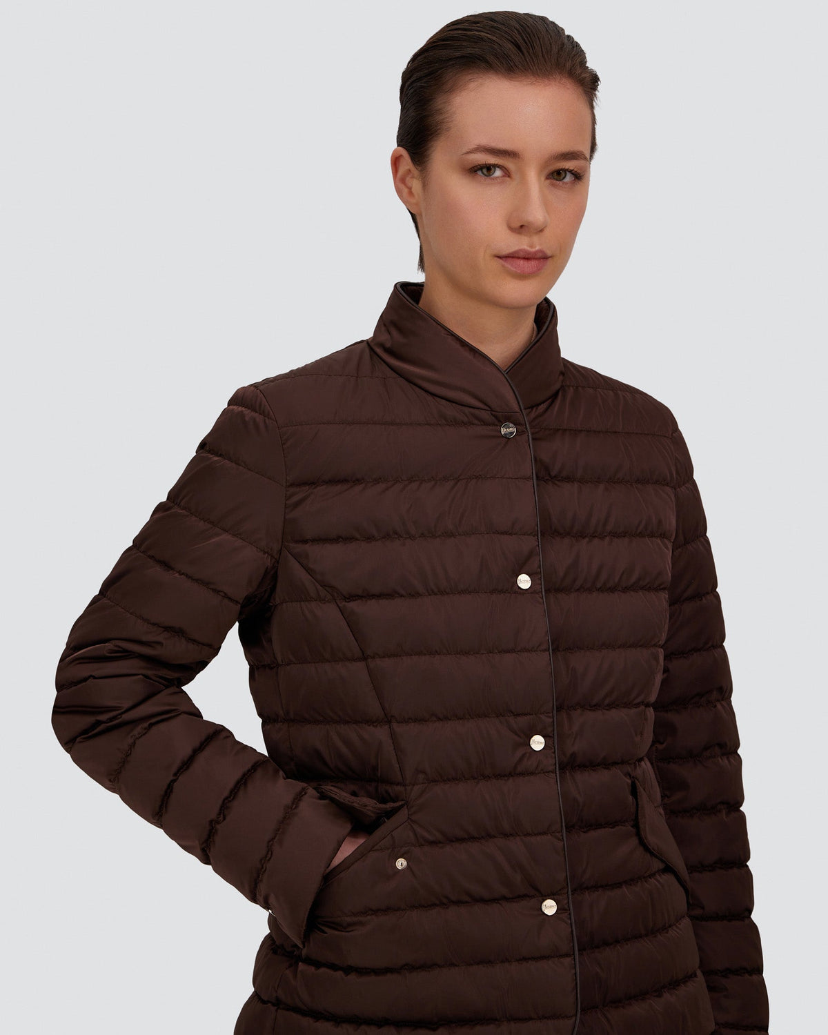 Herno chocolate brown quilted puffer blazer with stand collar and gold snap buttons
