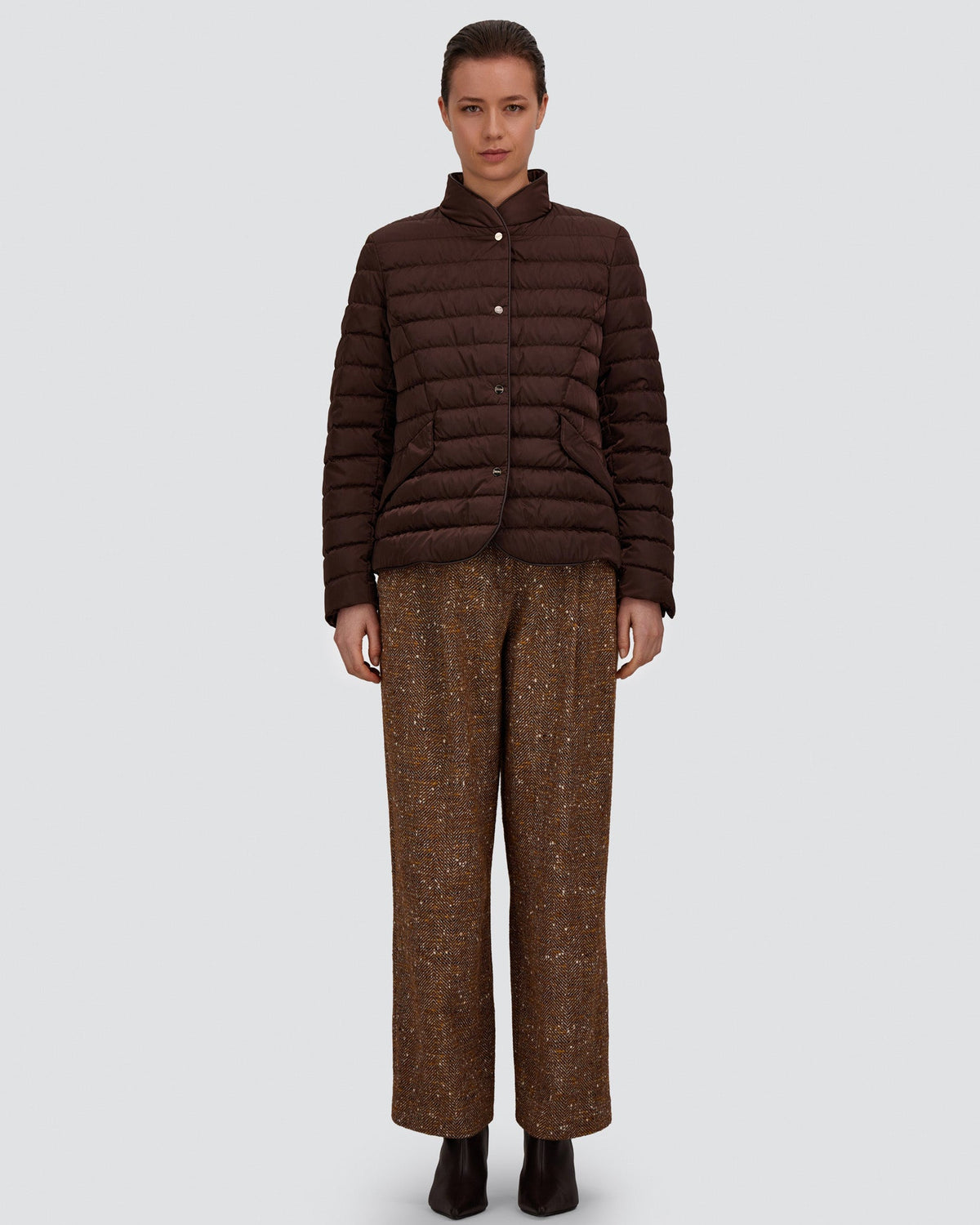 Herno chocolate brown quilted blazer with snap buttons and stand collar
