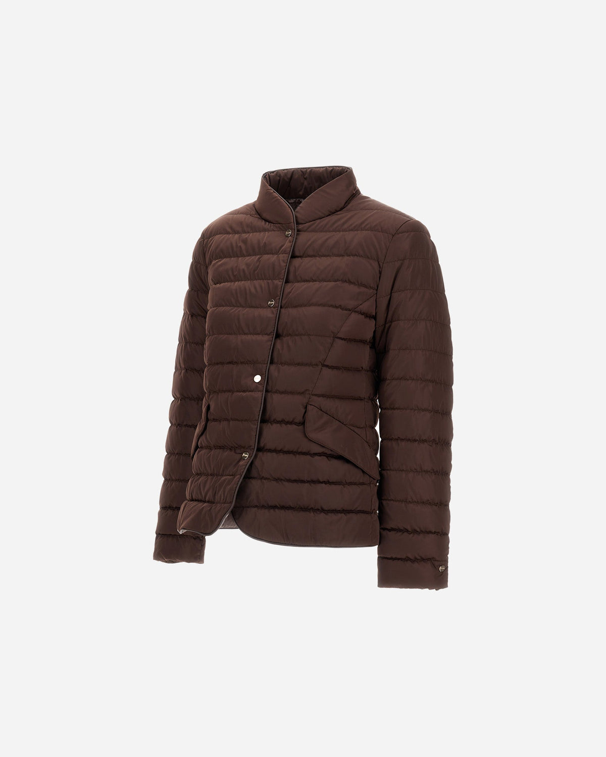 Herno chocolate brown quilted puffer blazer with snap buttons and stand collar