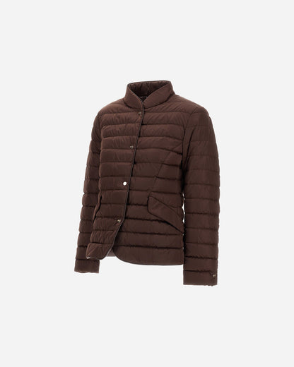 Herno chocolate brown quilted puffer blazer with snap buttons and stand collar