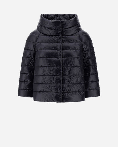 Herno Sofia black quilted puffer jacket with funnel neck and 3/4 jewelled sleeves