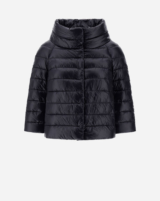 Herno Sofia black quilted puffer jacket with funnel neck and 3/4 jewelled sleeves