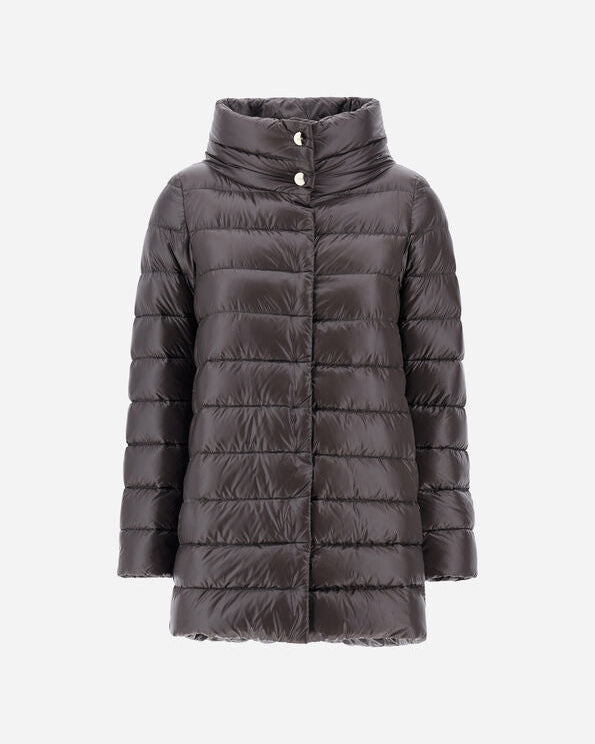 Herno Amelia dark gray quilted puffer coat with high collar and snap closure