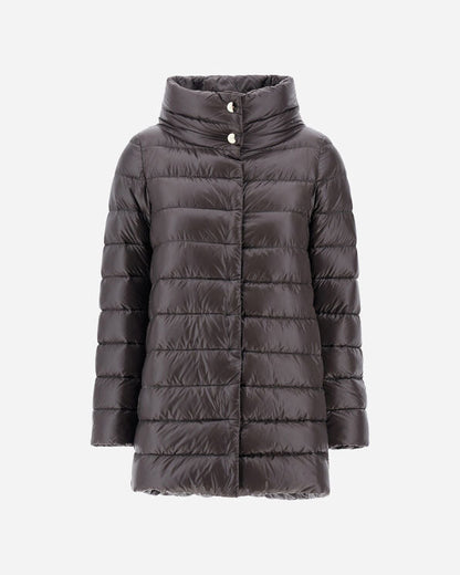 Herno Amelia dark gray quilted puffer coat with high collar and snap closure
