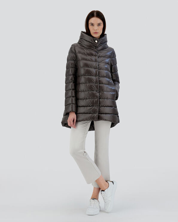 Herno Amelia dark gray quilted puffer coat with funnel neck and A-line silhouette