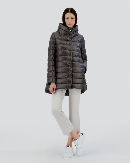 Herno Amelia dark gray quilted puffer coat with funnel neck and A-line silhouette