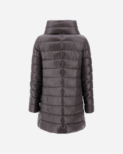 Herno Amelia dark gray quilted puffer coat with high collar, back view