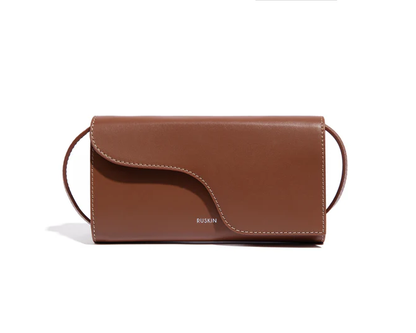 Ruskin England Petite Camille small brown leather crossbody bag with curved flap detail