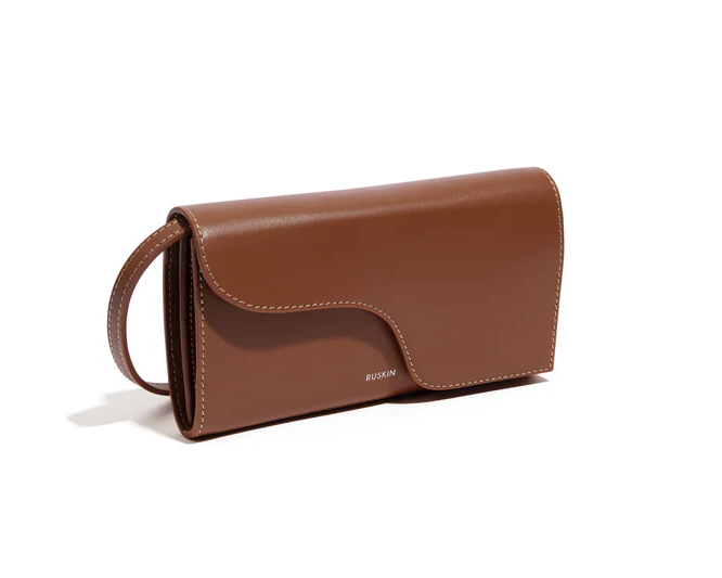 Ruskin England Petite Camille tan leather wristlet clutch with contrast stitching