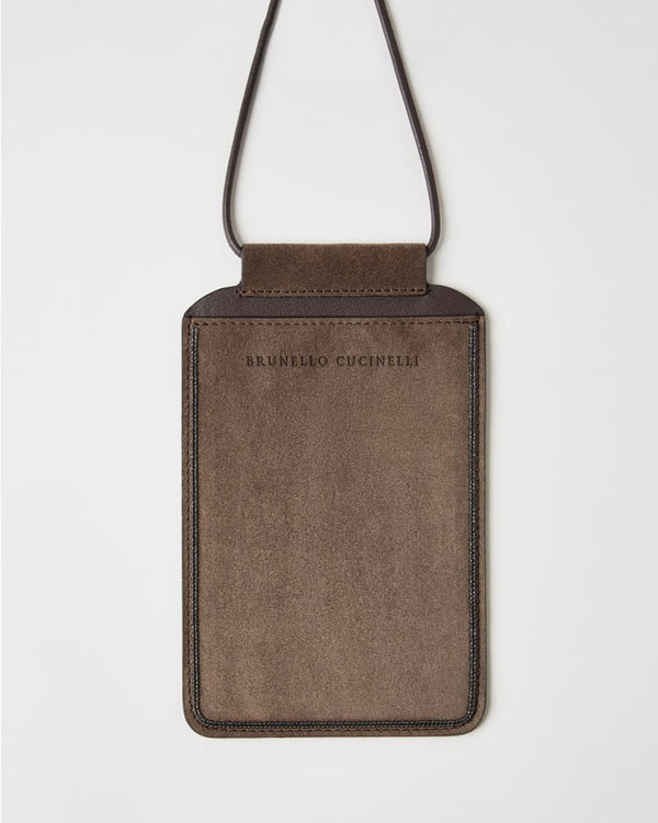 Suede Phone Bag with Monili Trim in Light Taupe