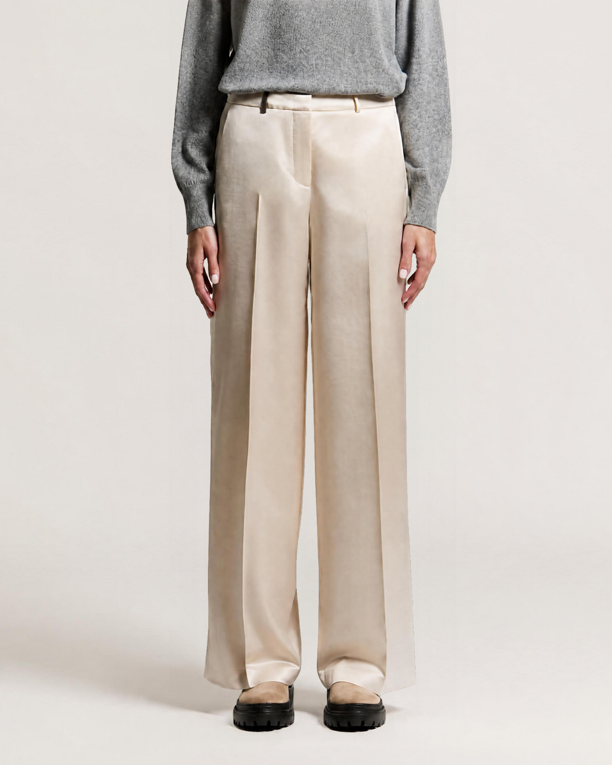 Peserico wide-leg pleated satin trousers in ethereal beige viscose wool blend