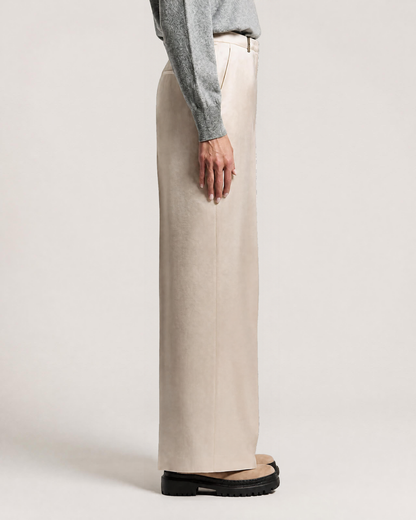 Peserico wide-leg satin trousers in ethereal beige, side view, full length