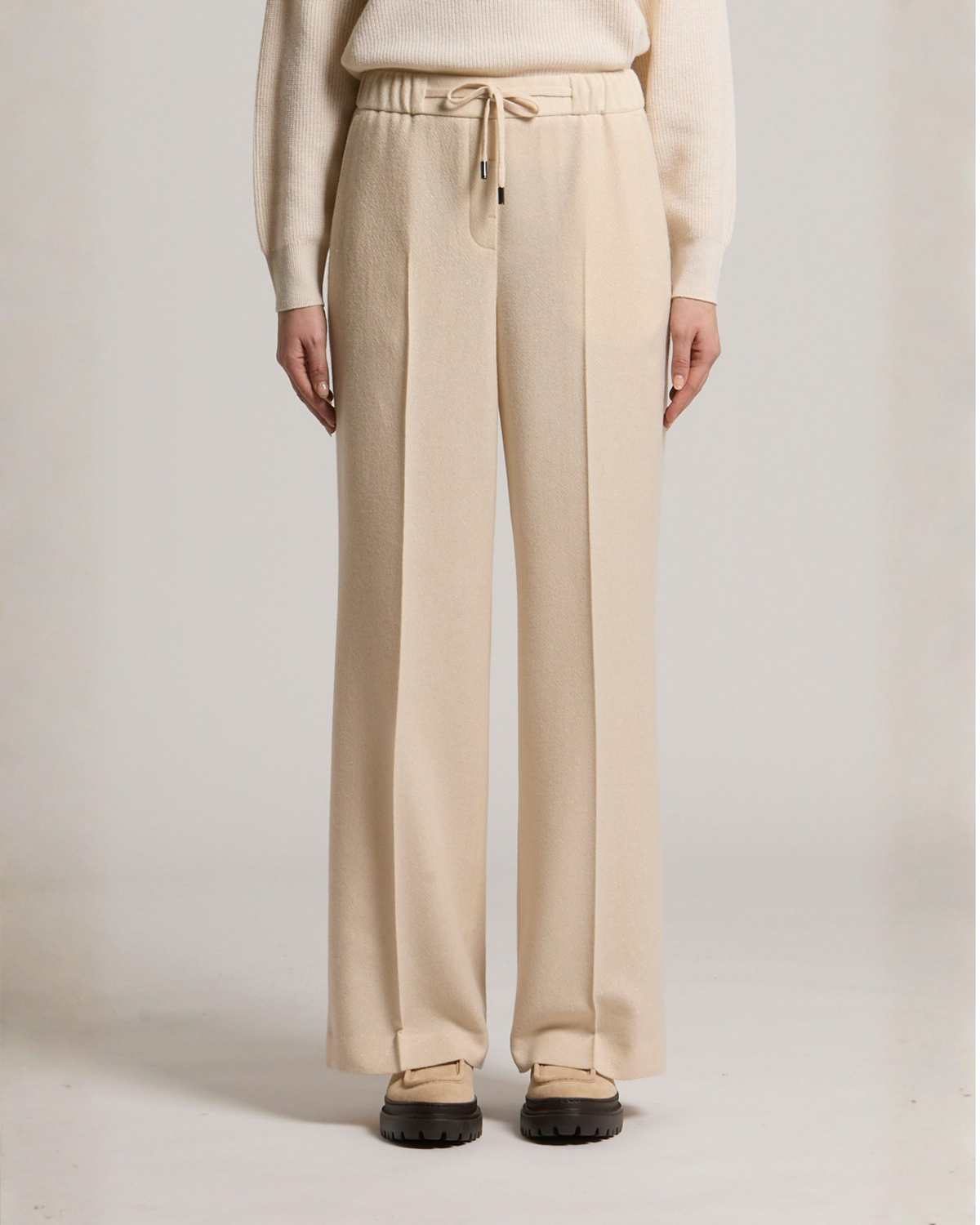 Peserico wide-leg beige wool cashmere pants with drawstring waist and front pleats