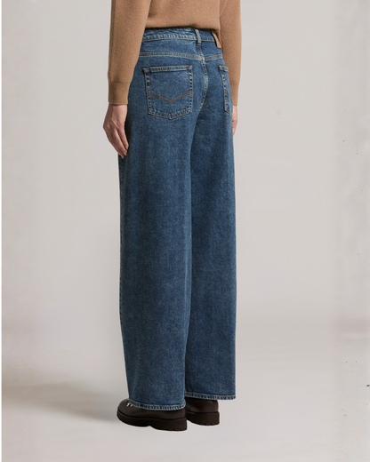 Peserico wide-leg high-rise blue denim jeans with back pockets, rear view