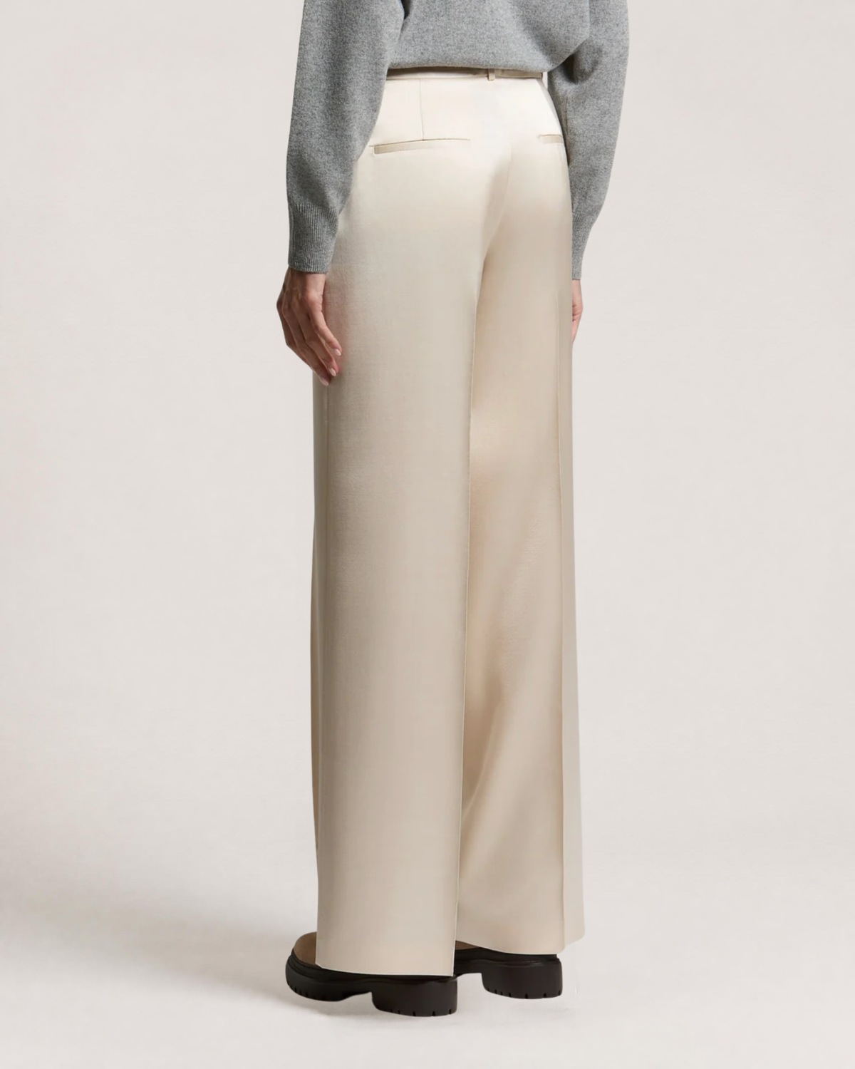 Peserico wide-leg satin trousers in ethereal beige with pressed front crease