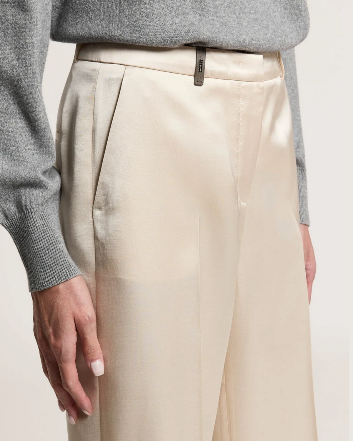 Peserico pleated wide-leg satin trousers in ethereal beige with front crease detail