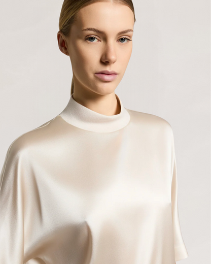 Shirt Stretch silk satin with knitted details in Ethereal Beige