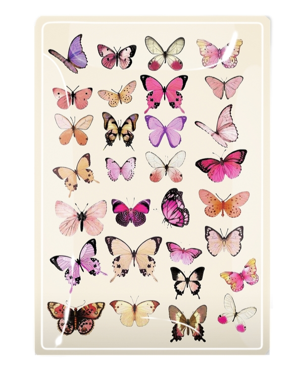 Rectangular glass decoupage tray featuring colorful pink and purple butterfly illustrations
