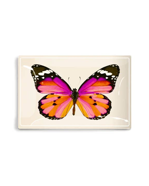 Rectangular glass decoupage tray with vibrant pink orange butterfly on cream background