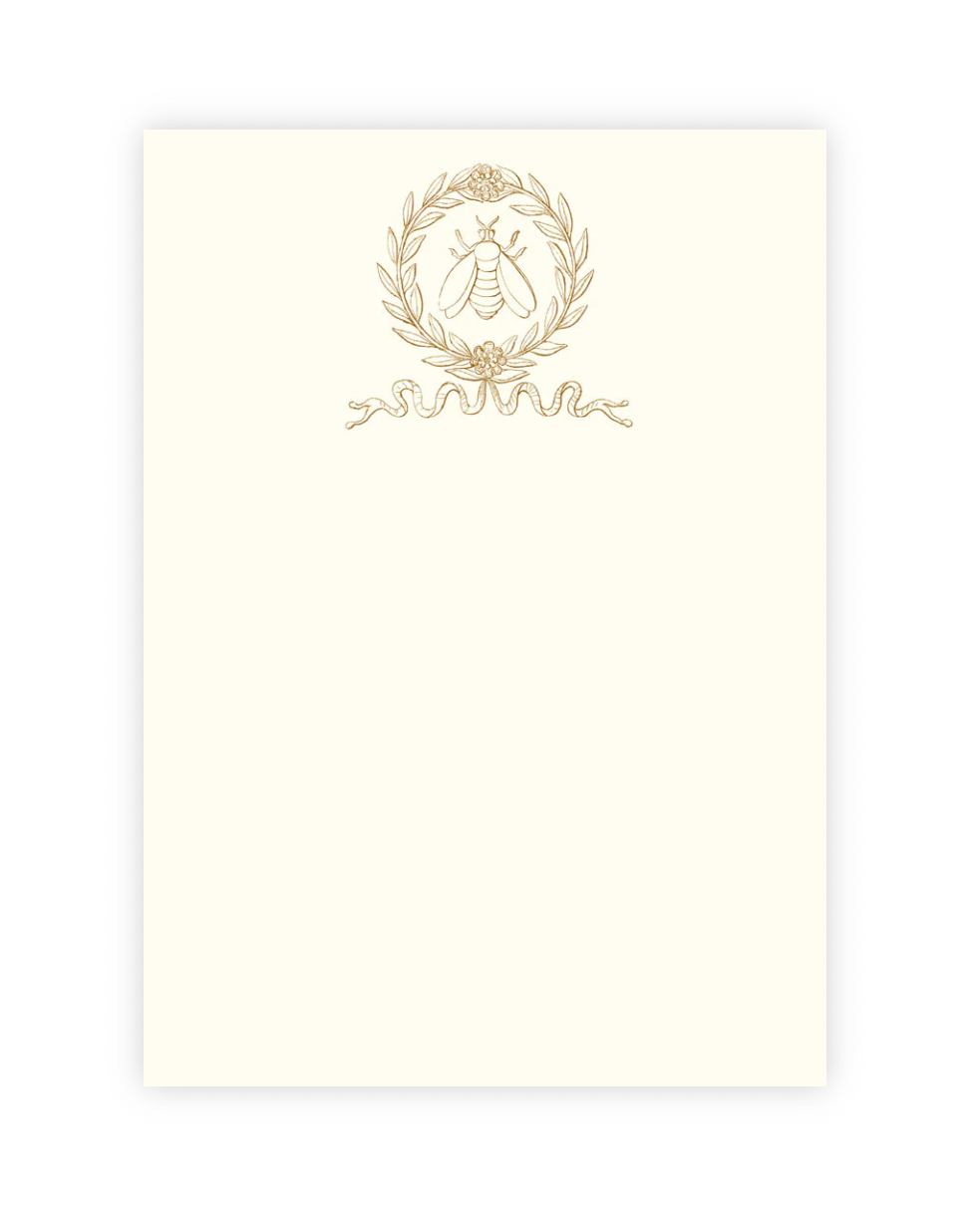 Ivory flat notecard with gold bee crest wreath and ribbon emblem, A6 size