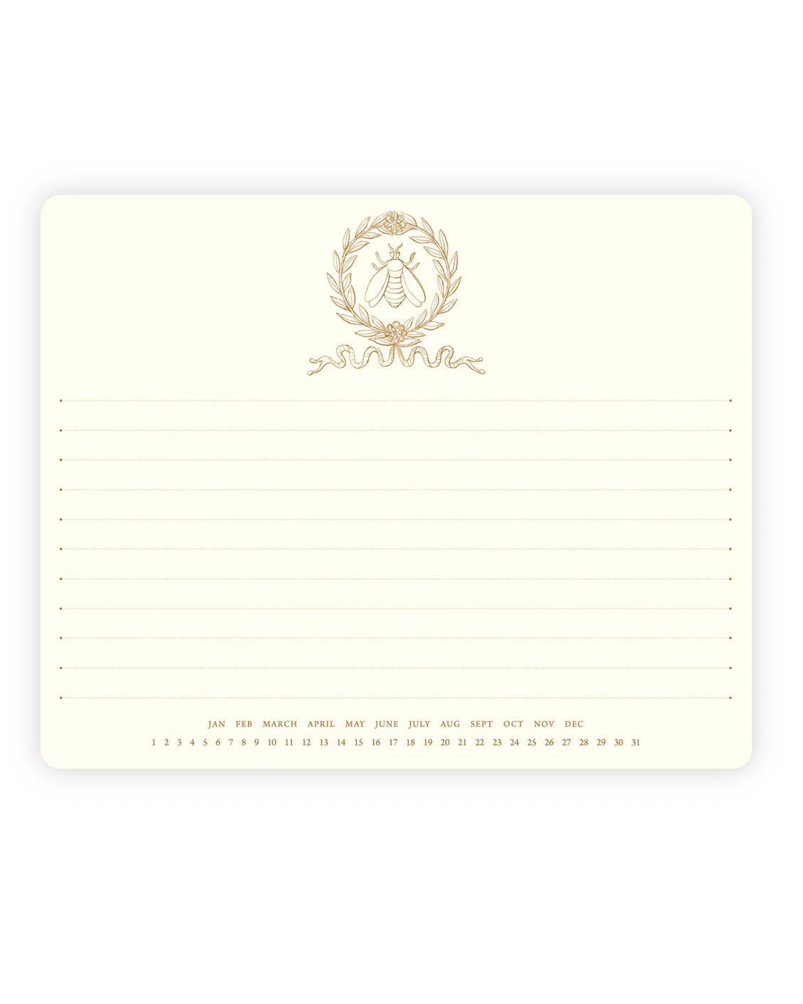 Cream notepad mousepad with gold bee crest emblem and ruled lines, calendar footer