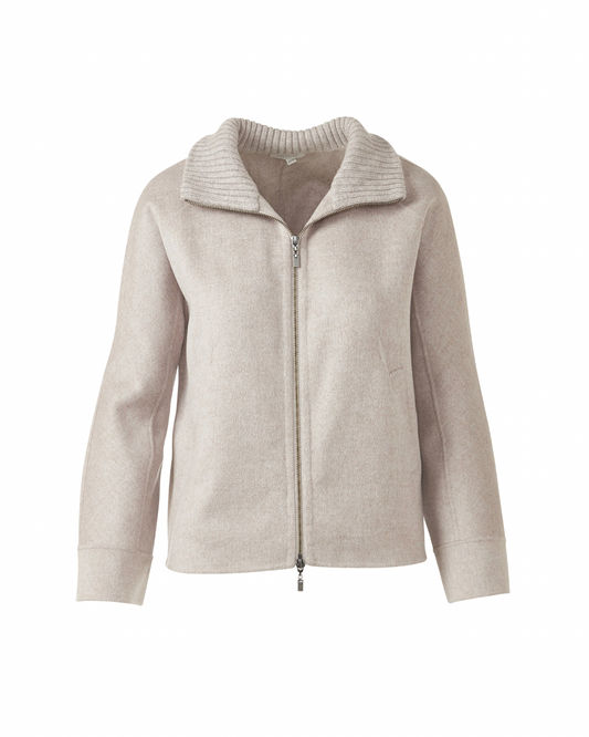Short Knit Trim Zip Mock Coat in Taupe