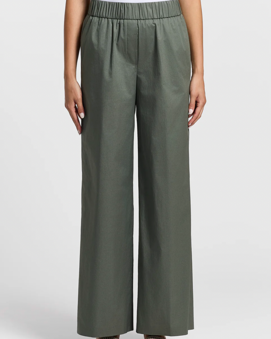 Stretch cotton light satin pants in Eucalyptus Green