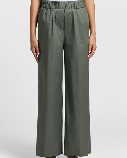 Stretch cotton light satin pants in Eucalyptus Green